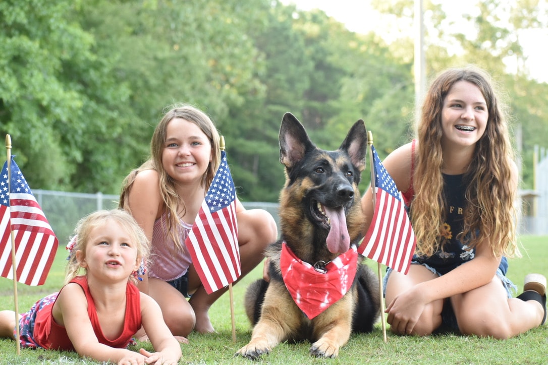 German Shepherd with children and American flags